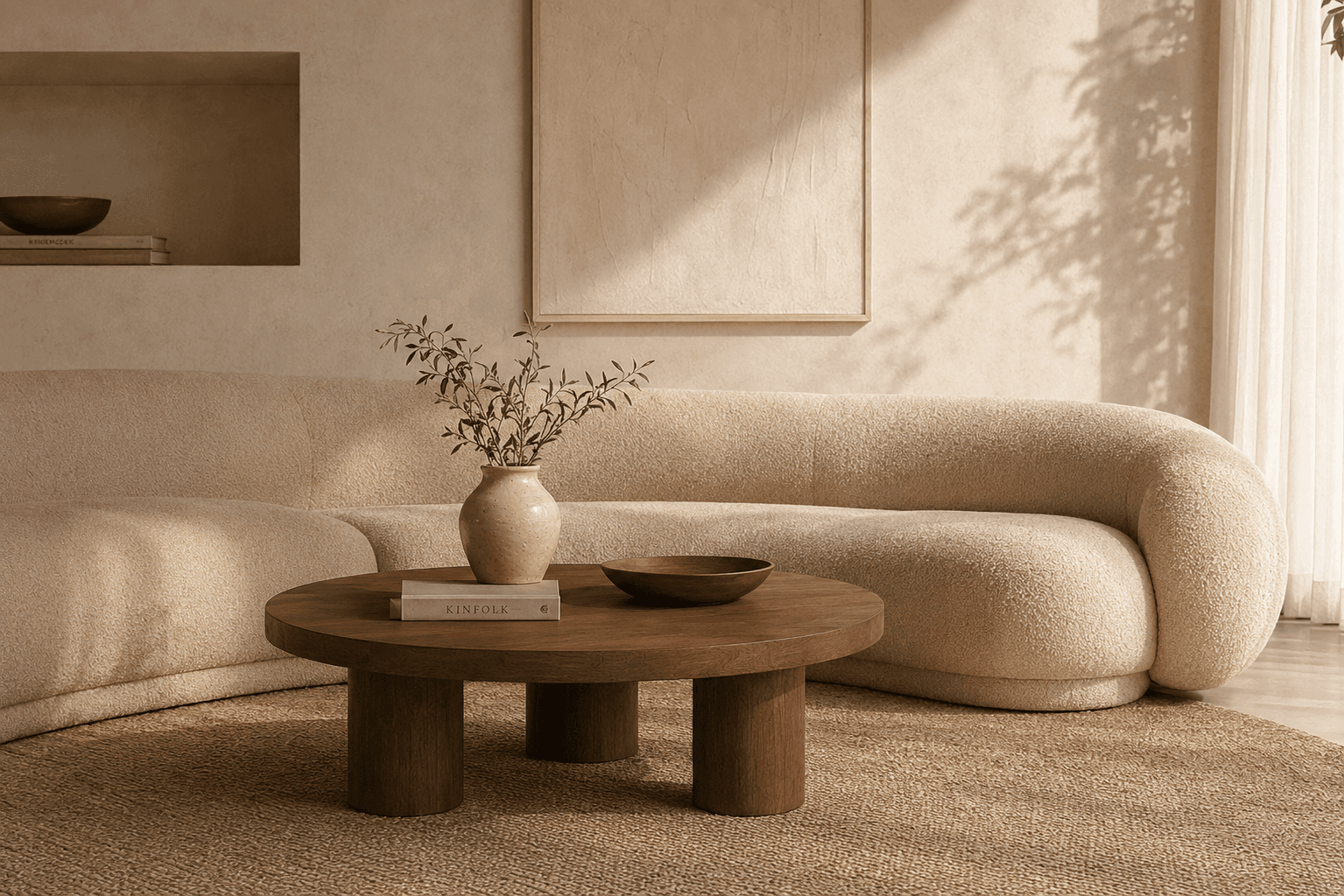 A styled living room with a sofa, coffee table and lounge chair